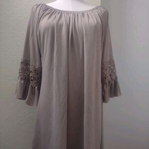 Boho Off-Shoulder Dress with Crochet Bell Sleeves - Taupe